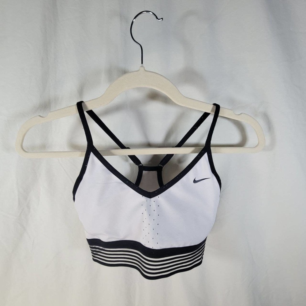 Nike Dri Fit Women's Lightweight Nike Swoosh Sports Bra Stretch Black-White SZ S